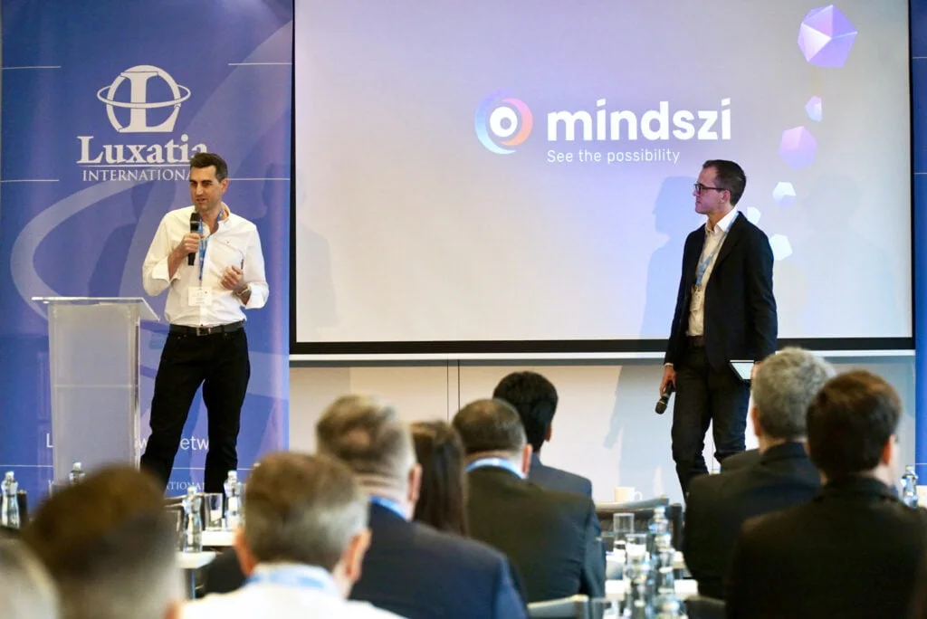 The Mindszi team presenting on stage